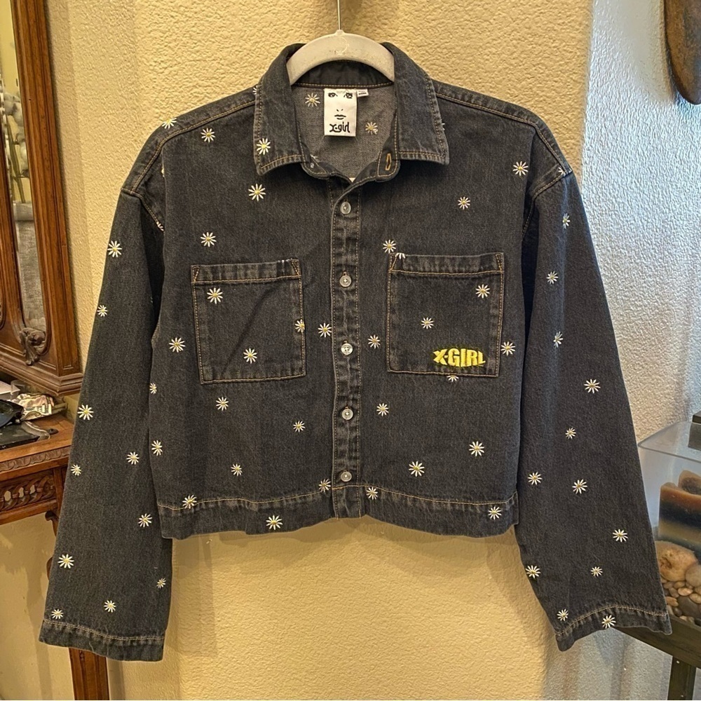 NWT~X-GIRL Black Daisy Embroidery Jean Denim Jacket Size Small